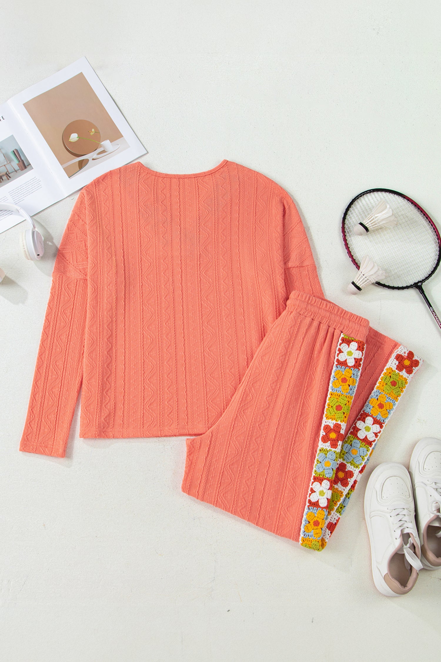 Grapefruit Orange Crochet Floral Accent V Neck Textured Pants Set - Snoopy's Closet
