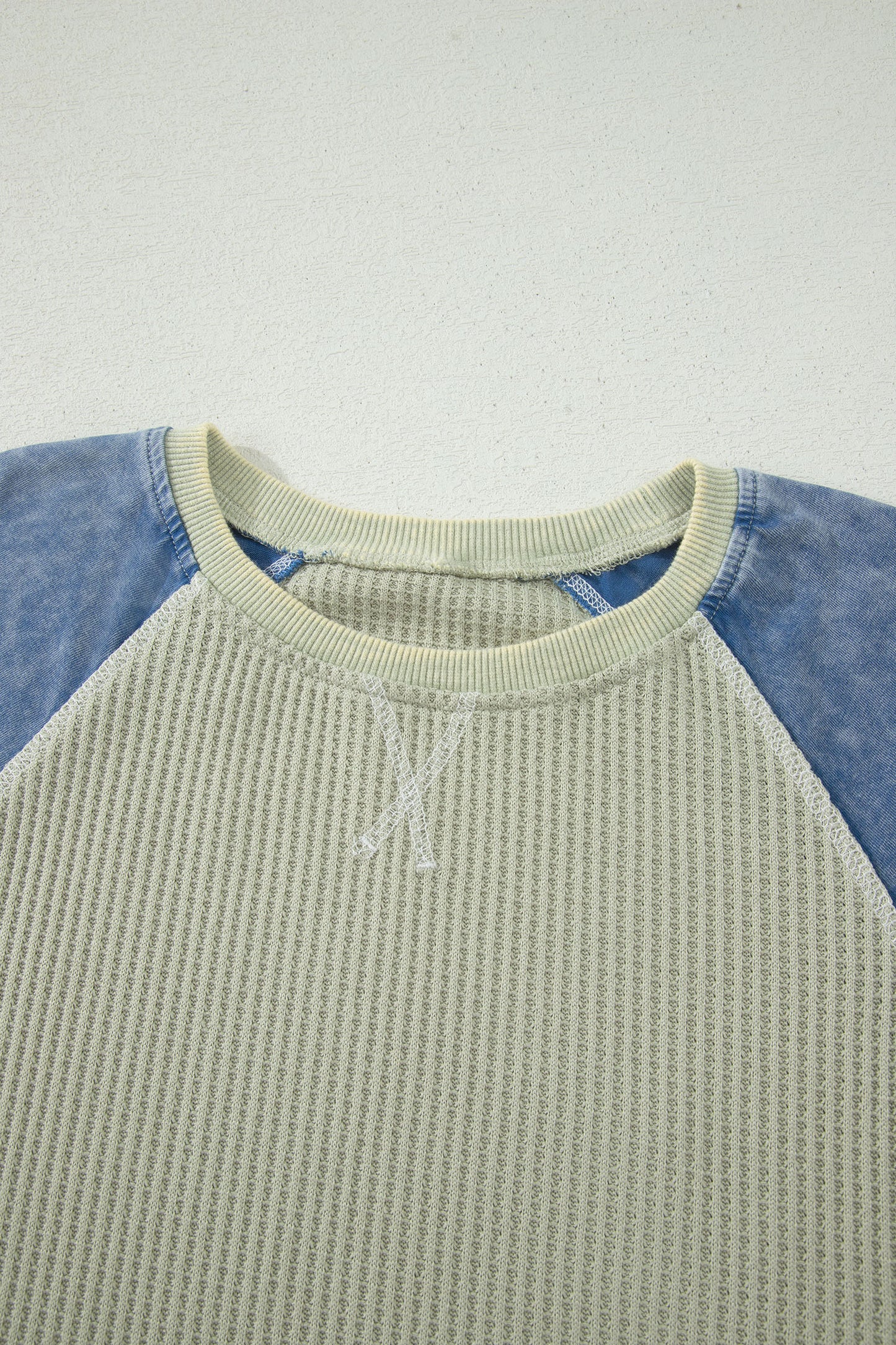 Laurel Green Waffle Knit Seam Detail Color Block Patchwork Short Sleeve Top