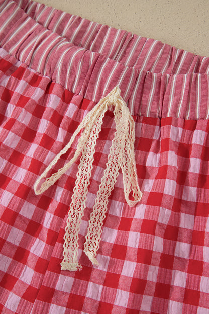 Red Gingham Print Ruffle Striped Detail Lace Tie Shorts - Snoopy's Closet