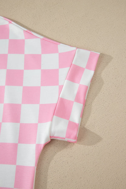 Pink Checkered Print Color Block Trim Mock Neck Short Set - Snoopy's Closet