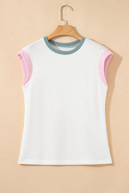 White Color Block Corded Knit Crew Neck Tee - Snoopy's Closet