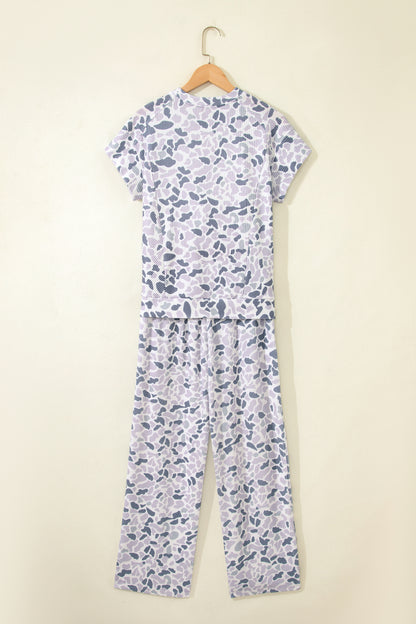 Beige Camouflage Print Twisted Rib Loose Tee Drawstring Pants Set - Snoopy's Closet
