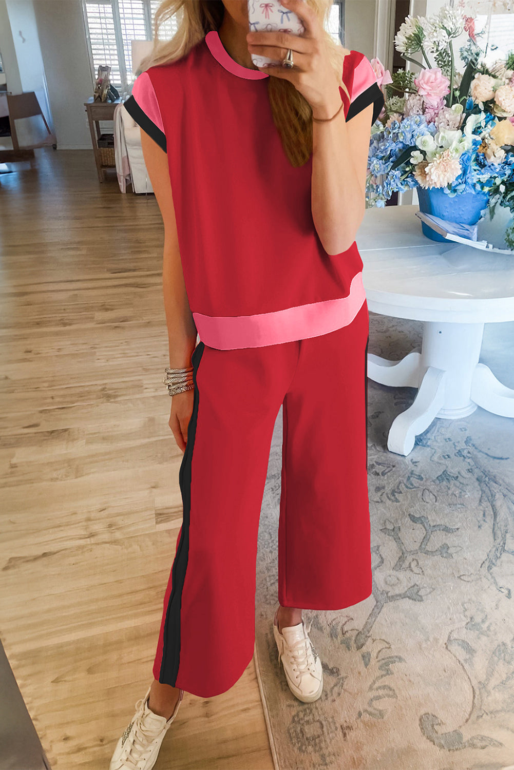Racing Red Color Block Detail Casual Two-piece Set - Snoopy's Closet