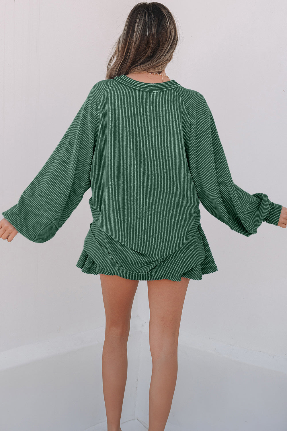 Sky Blue Corded Lantern Sleeve Top High Waist Ruffled Mini Skort Set - Snoopy's Closet