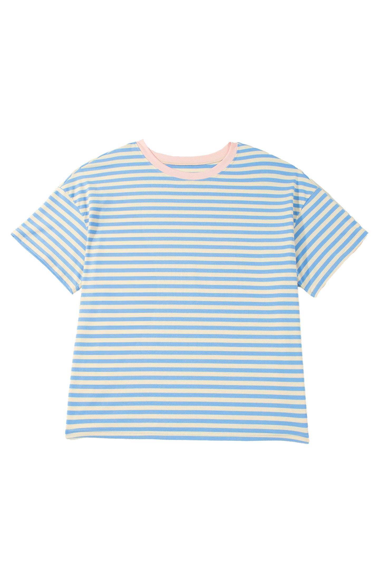 Camiseta de talla grande con rayas celestes, hombros caídos y ribete en contraste con cuello redondo