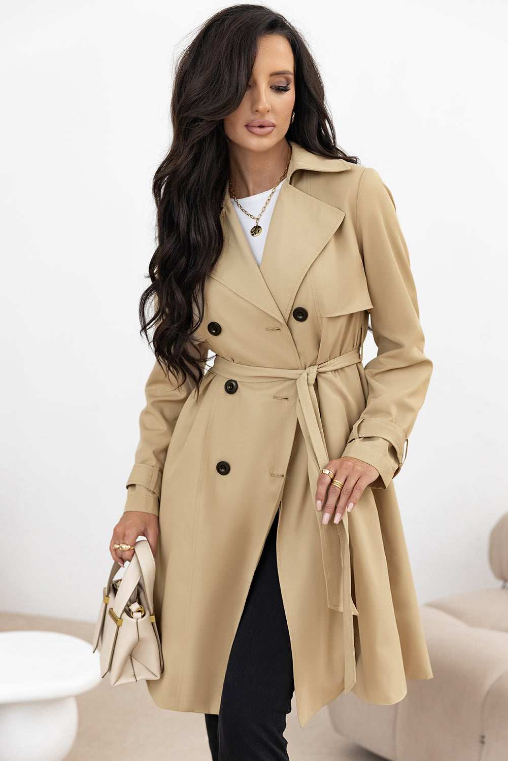 Pale Khaki Solid Color Lapel Collar Waist Tie Wind Coat - Snoopy's Closet