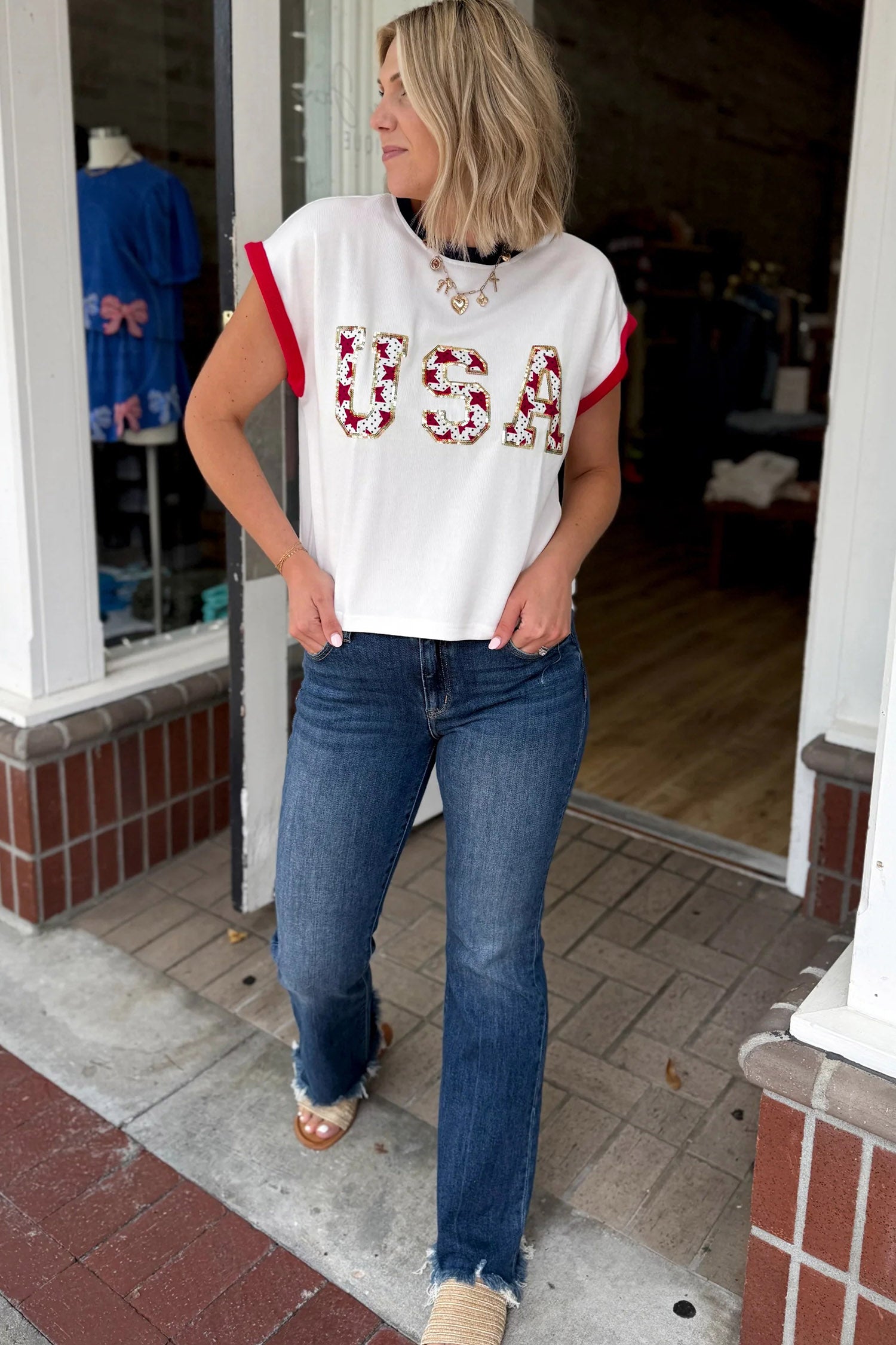 White USA Sequin Color Block Trim Loose T Shirt