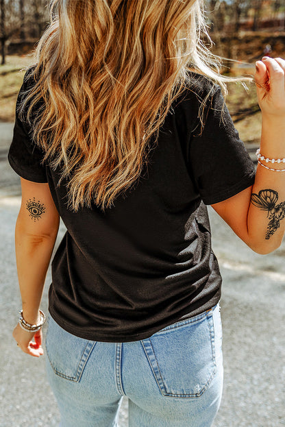 Black Rhinestone Western Pattern Cotton Blend Graphic T Shirt