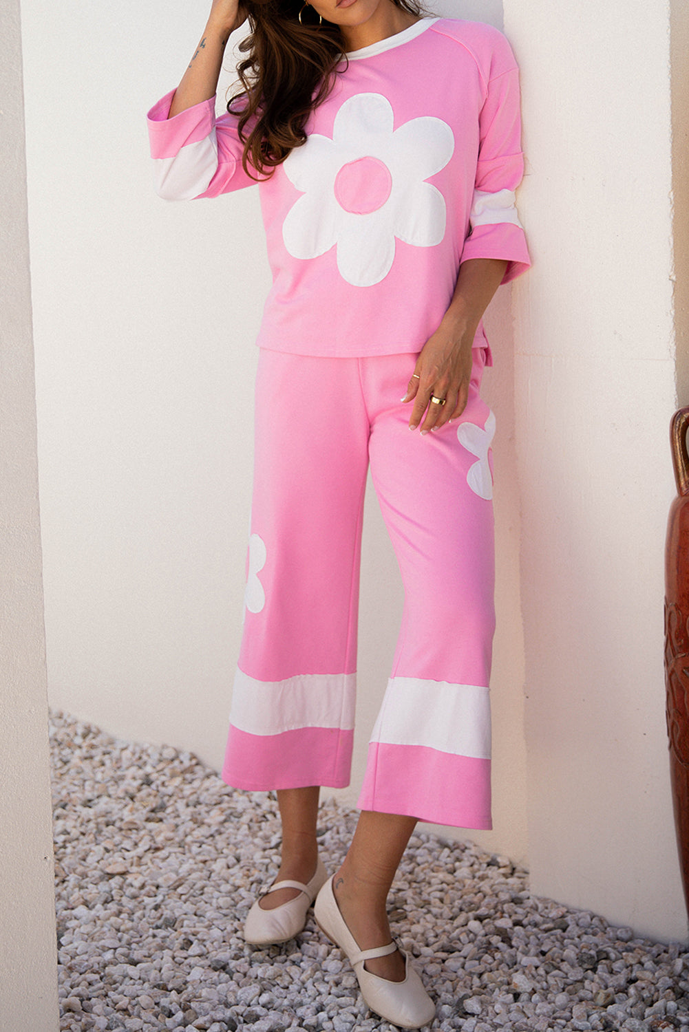 Orchid Bouquet Big Flower Patched Raw Seam Color Block 2 Piece Loose Pant Set - Snoopy's Closet