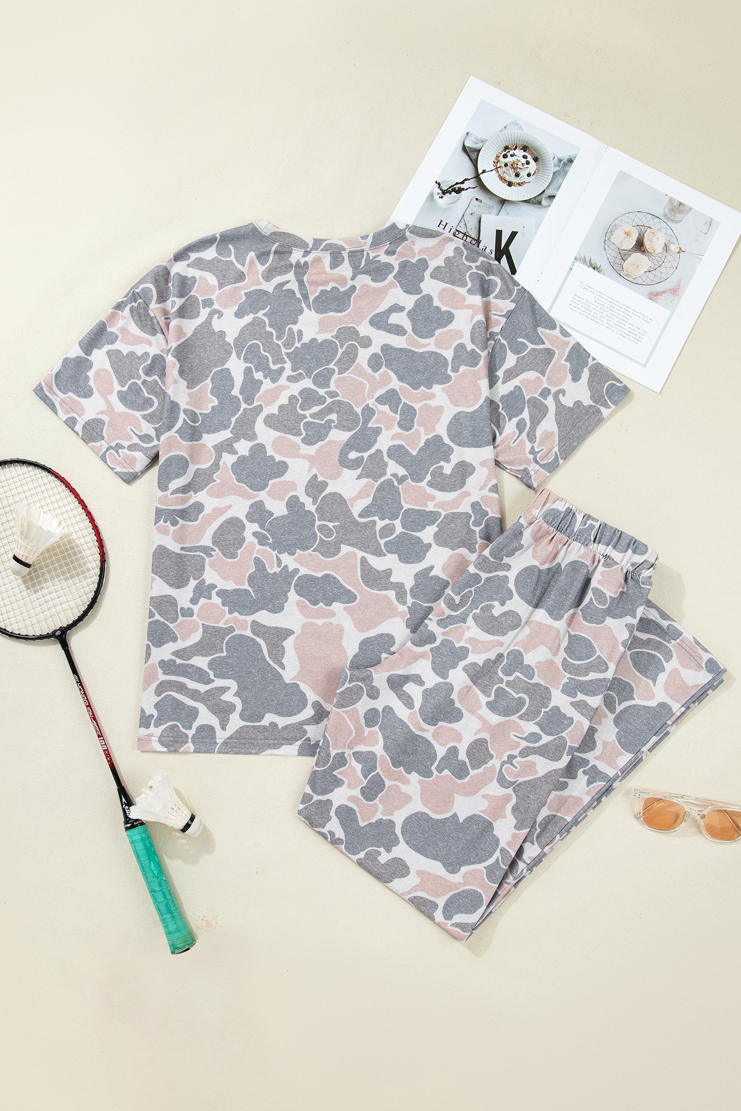 Multicolour Camouflage Short Sleeve Top and High Waist Wide Leg Pants Set