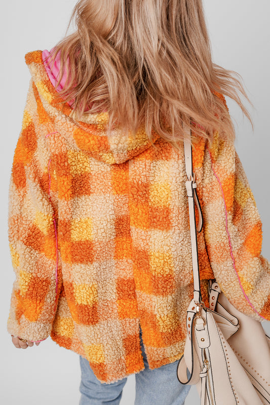 Orange Checkered Sherpa Hooded Jacket - Snoopy's Closet