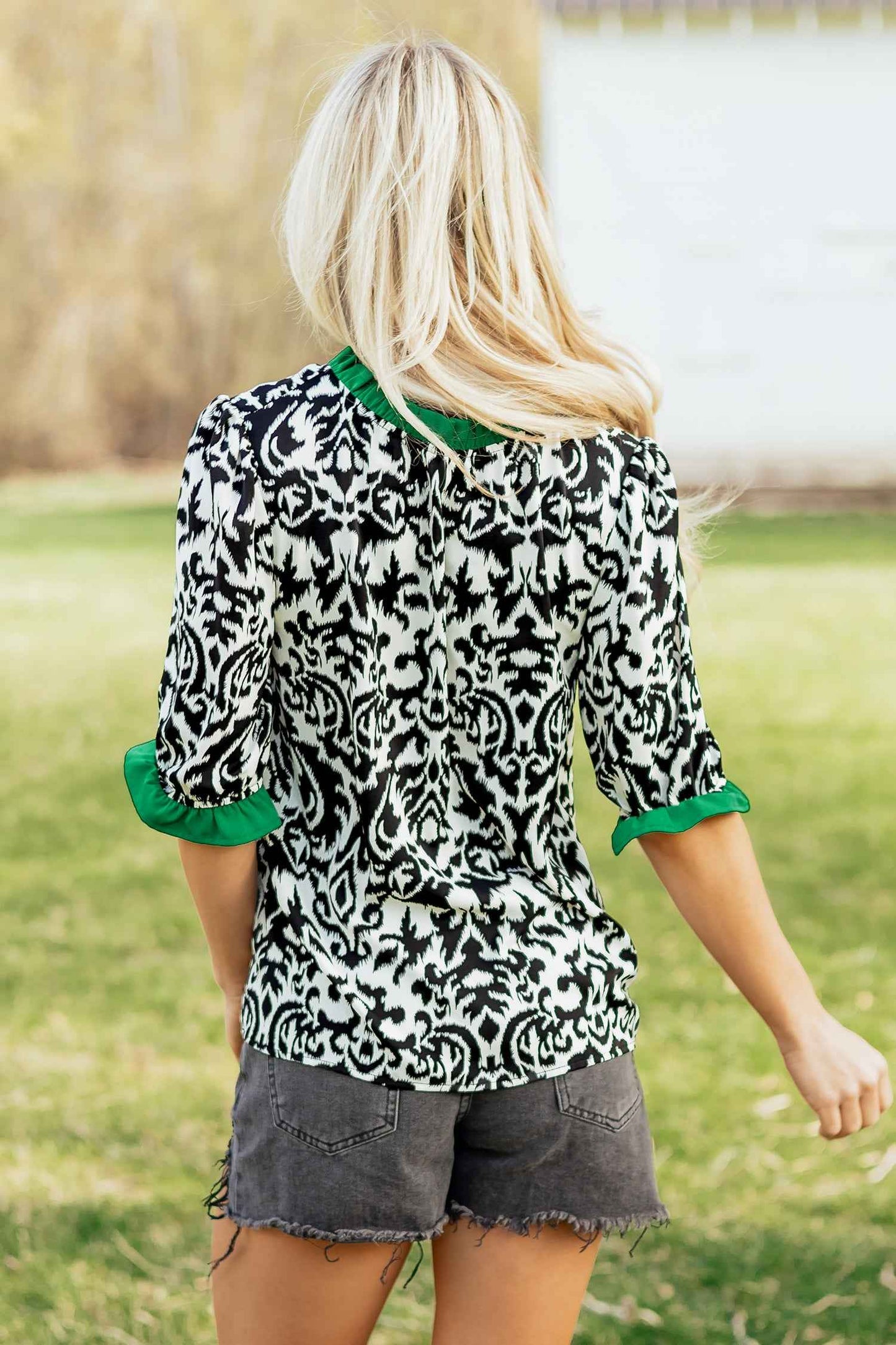 Green Damask Print Ruffled Color Block Detail Half Sleeve Blouse