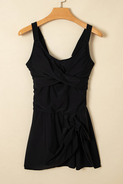Black Adjustable Straps Cutout Ruched Knot Slit One Piece Swim Dress - Snoopy's Closet