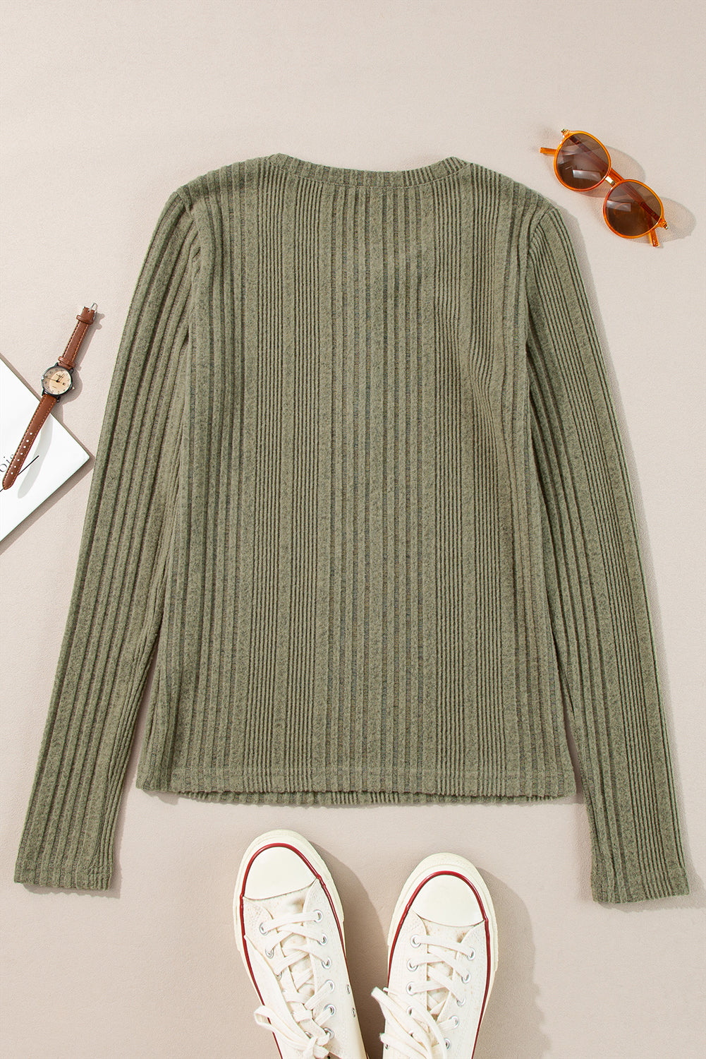 Jungle Green Ribbed Knit Half Button Slim Fit Blouse - Snoopy's Closet