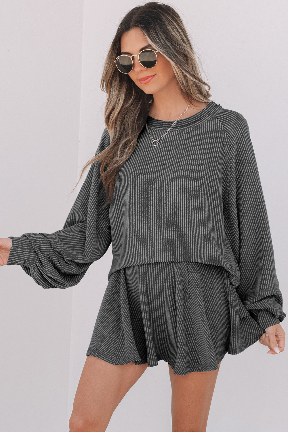 Sky Blue Corded Lantern Sleeve Top High Waist Ruffled Mini Skort Set - Snoopy's Closet