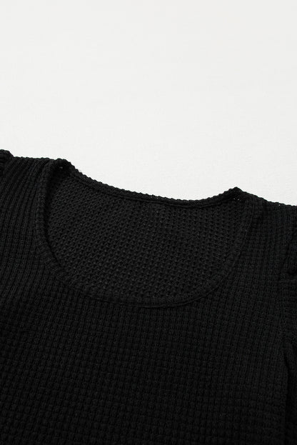 Black Waffle Knit Ruched Puff Sleeve Top - Snoopy's Closet