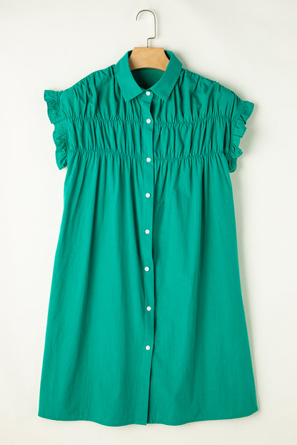 Vestido corto abotonado con manga con volantes fruncidos verde brillante