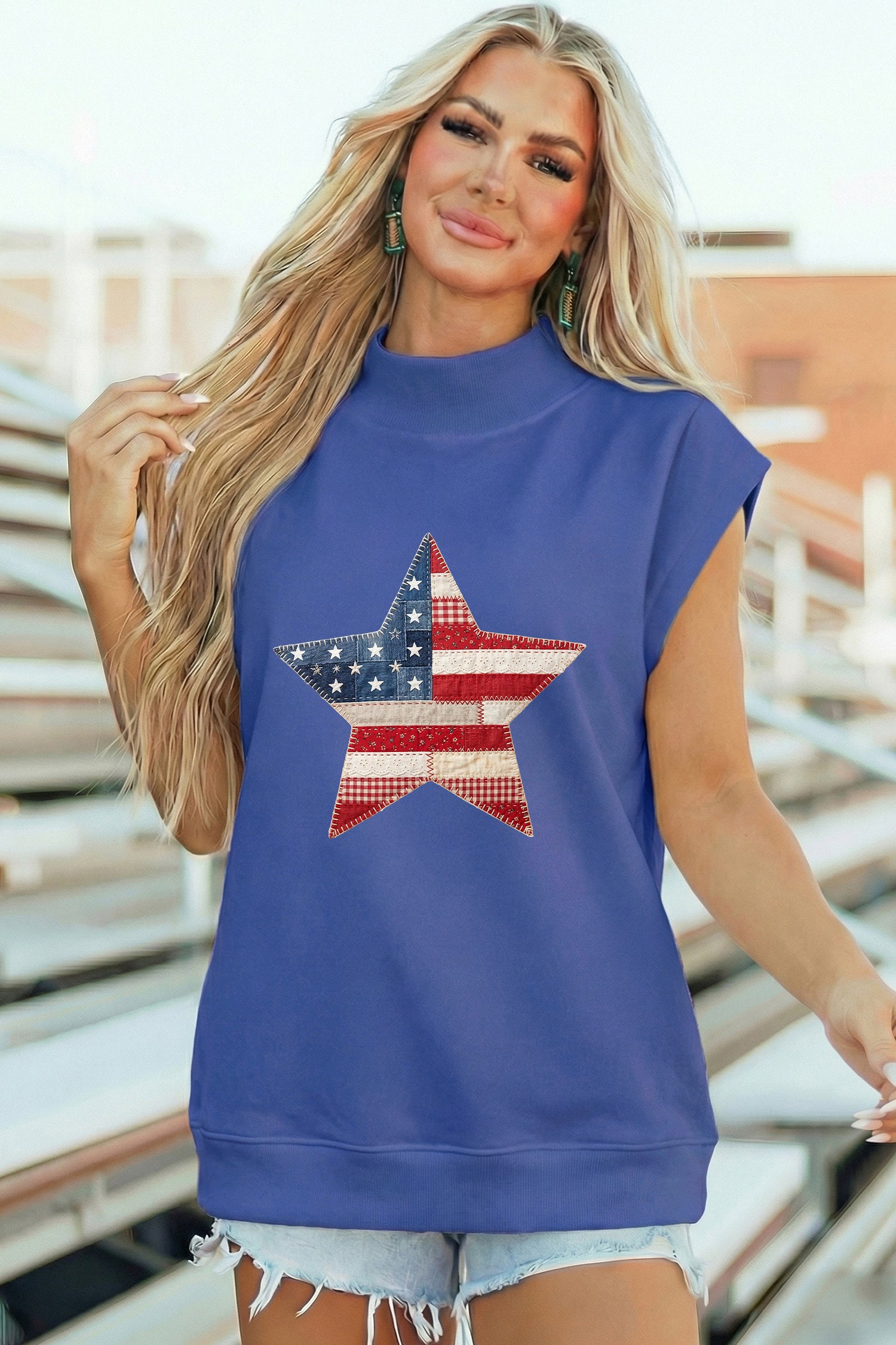 Sky Blue Faux Patchwork Patriotic Star Printed High Neck Top