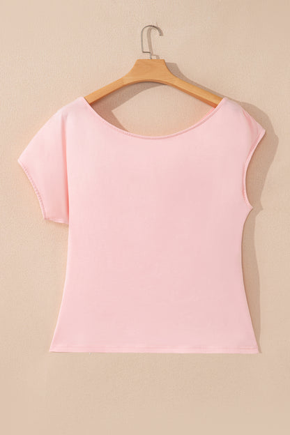 Gossamer Pink Plus Size Solid Color Asymmetric Neck Short Sleeve Blouse - Snoopy's Closet