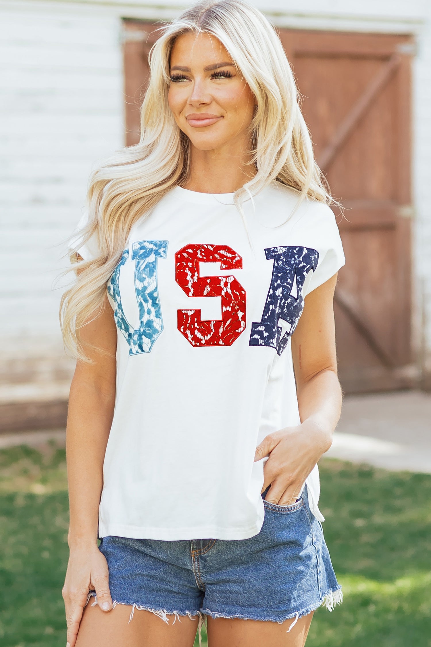 White USA Color Block Letter Printed Dolman Tee