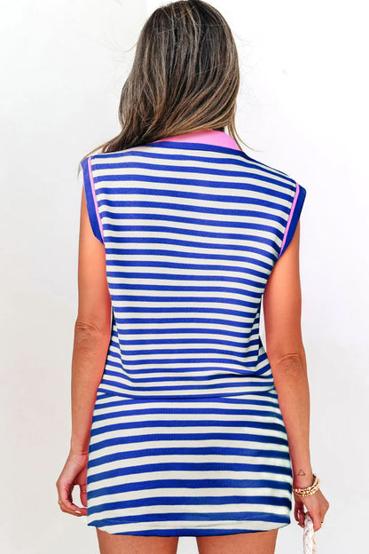 Dark Blue Textured Stripe Print Contrast Trim Zip Collar Sleeveless 2pcs Skort Set - Snoopy's Closet