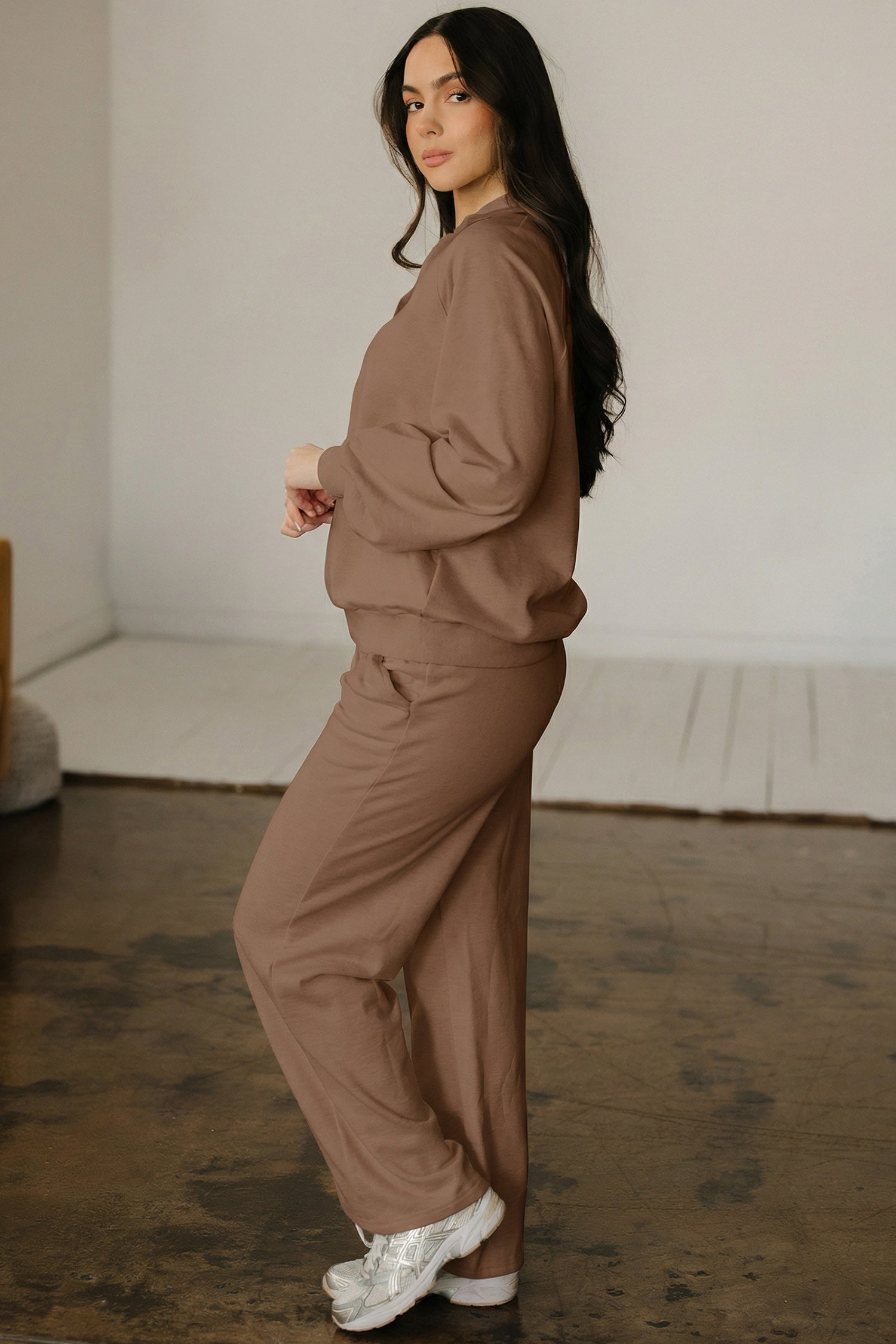 Dark Khaki Polo Collar V Neck Pullover and Drawstring Sweatpants Set - Snoopy's Closet