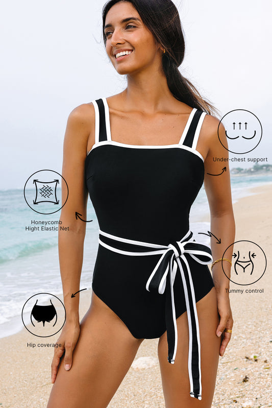 Black Colorblock Edge Belted One Piece Swimsuit - Snoopy's Closet