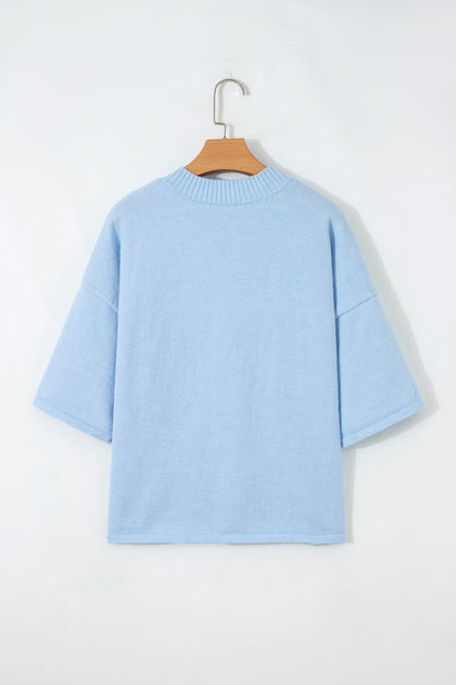 Cárdigan de punto holgado con cuello abotonado y manga 3/4 en azul Beau
