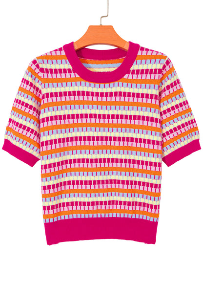 Orange Abstract Striped Knit Short Sleeve Sweater - Snoopy's Closet