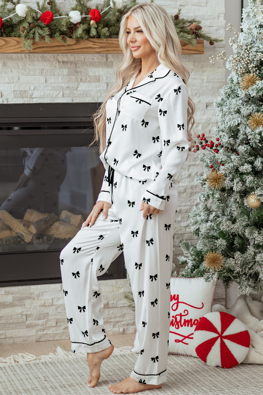 White Bows Print Two Piece Sleepwear - Snoopy's Closet