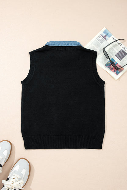 Black Solid Color Knit Contrast Denim Patchwork Collar Sweater Vest
