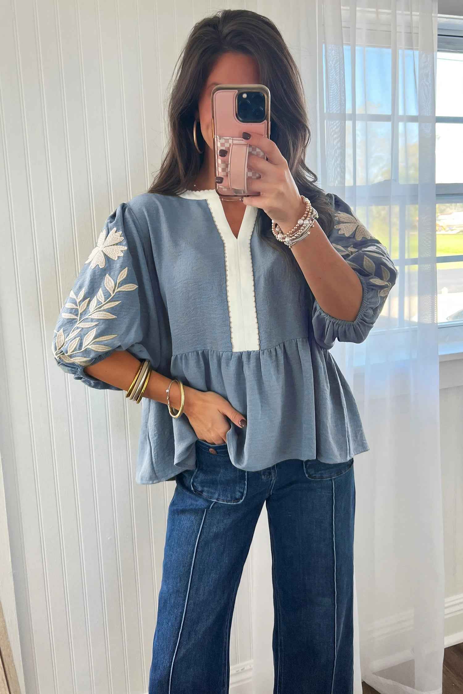Myosotis Color Block Patchwork V Neck Embroidered Puff Sleeve Babydoll Blouse