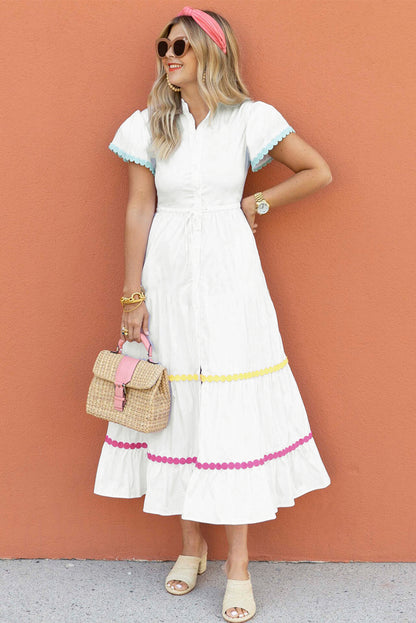 White Colorblock Rickrack Trim Short Sleeve Drawstring Waist Long Dress - Snoopy's Closet