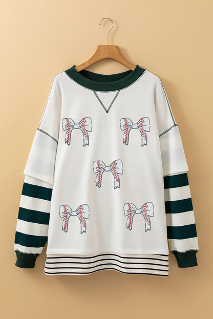 White Stripe Bowknot Patched Pattern Contrast Stitching Pullover Trendy Sweatshirt - Snoopy's Closet