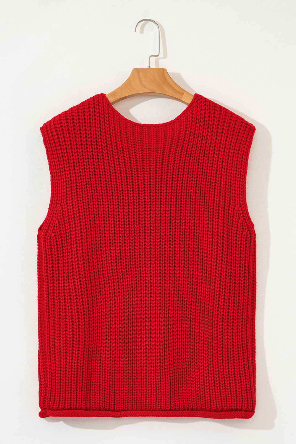 Chaleco de punto texturizado rojo fuego sólido con bolsillos laterales y botones