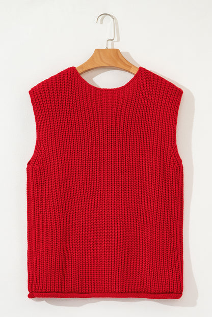 Chaleco de punto texturizado rojo fuego sólido con bolsillos laterales y botones