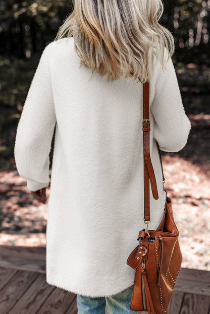 White Fuzzy Buttoned Front Midi Solid Cardigan - Snoopy's Closet