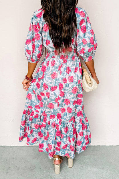 Vestido midi elegante rojo con manga abullonada y estampado floral