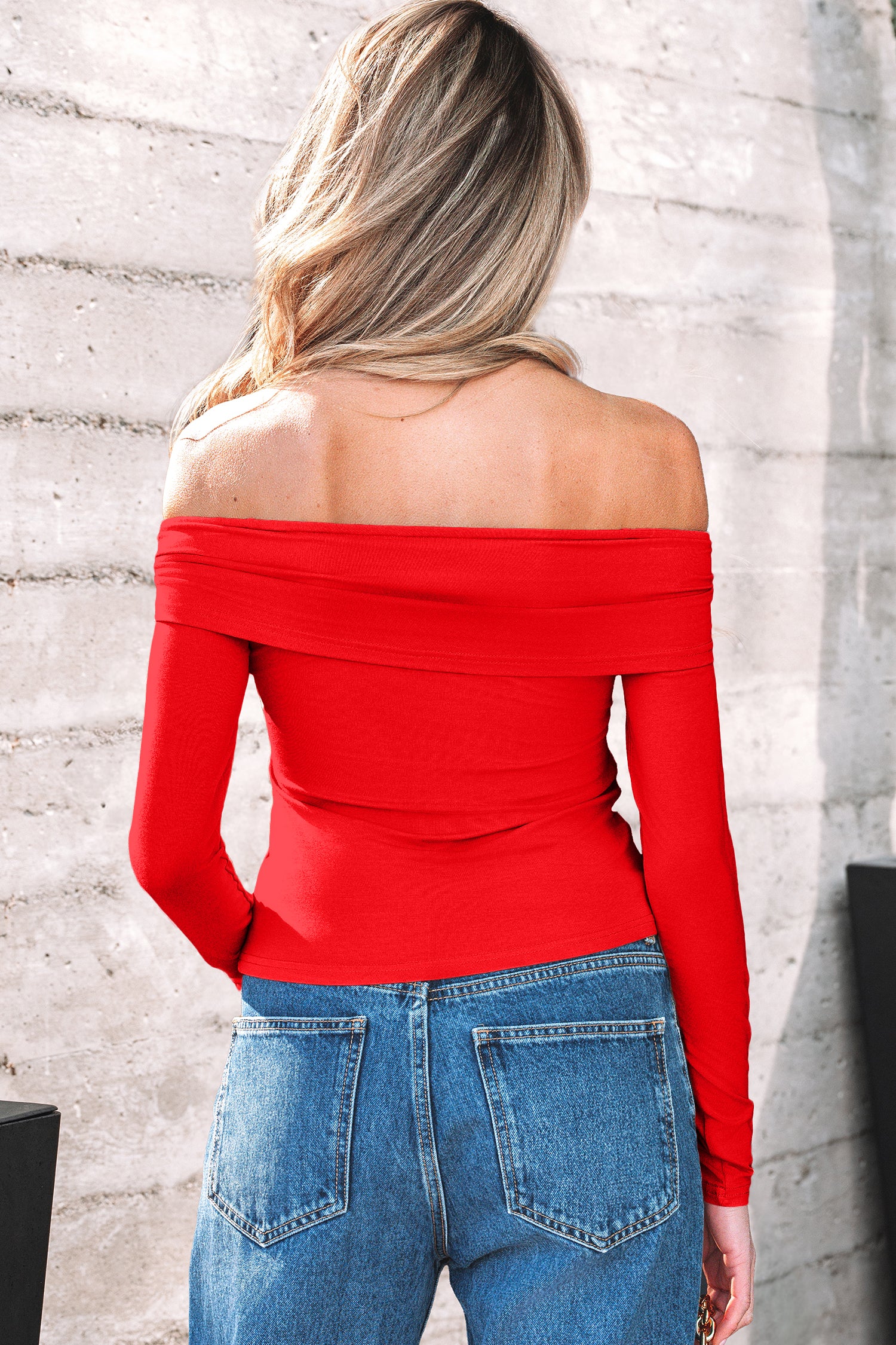 Fiery Red Foldover Off Shoulder Long Sleeve Slim Top - Snoopy's Closet