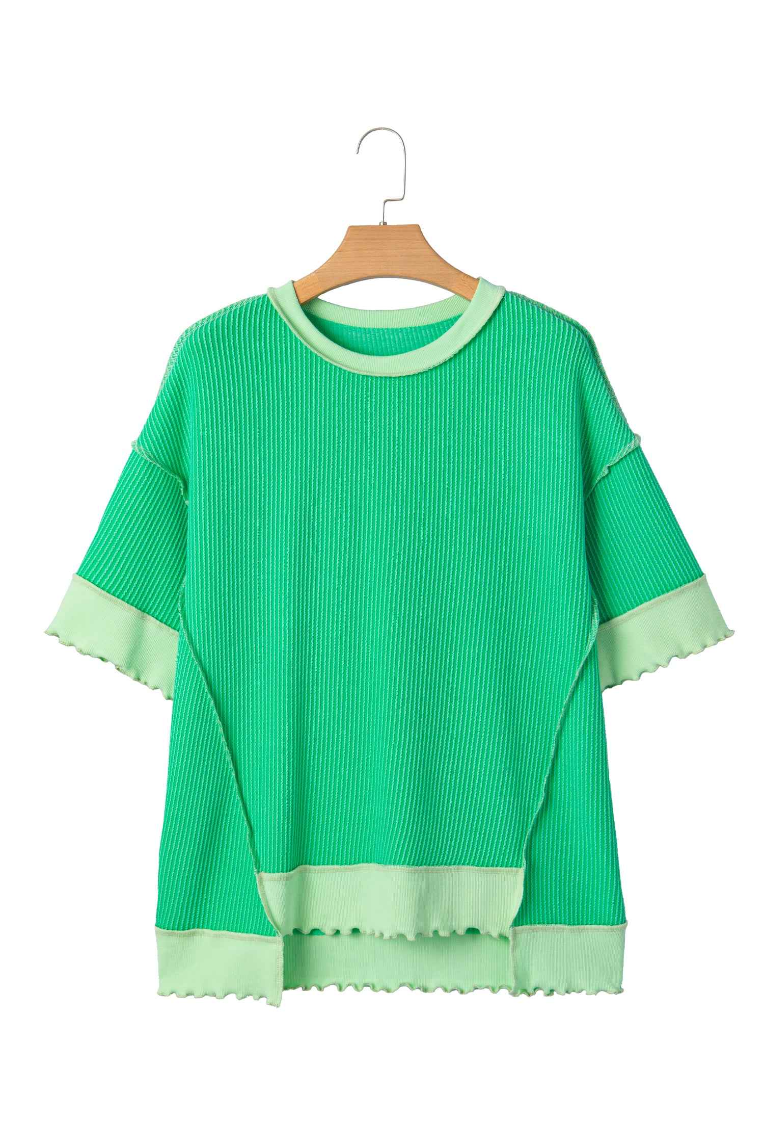 Mint Green Loose Uneven Hem Twist Ribbed T Shirt