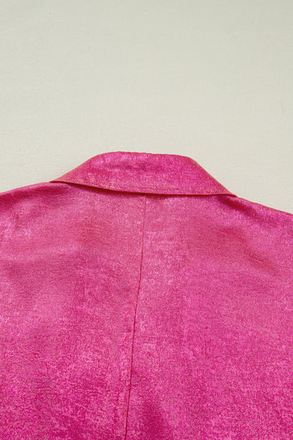 Strawberry Pink Collared V Neck Half Sleeve Metallic Top