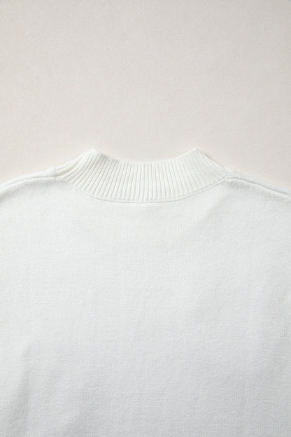 White Corded Horseshoes Ribbed Trim Mock Neck Short Sleeve Sweater