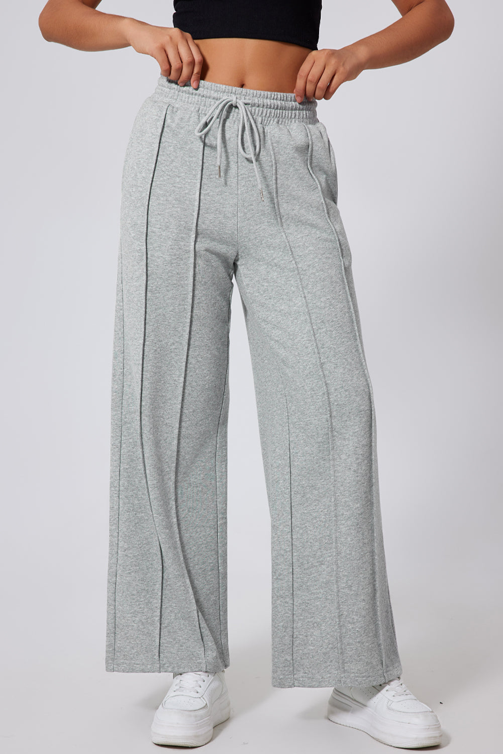Pantalones de chándal de pernera ancha, cintura alta con cordón y costuras grises