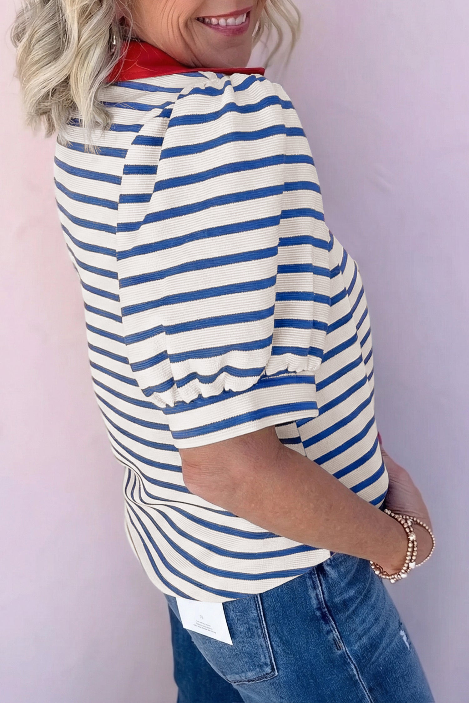 Blue Stripe Short Puff Sleeve Color Block Polo Collar Blouse