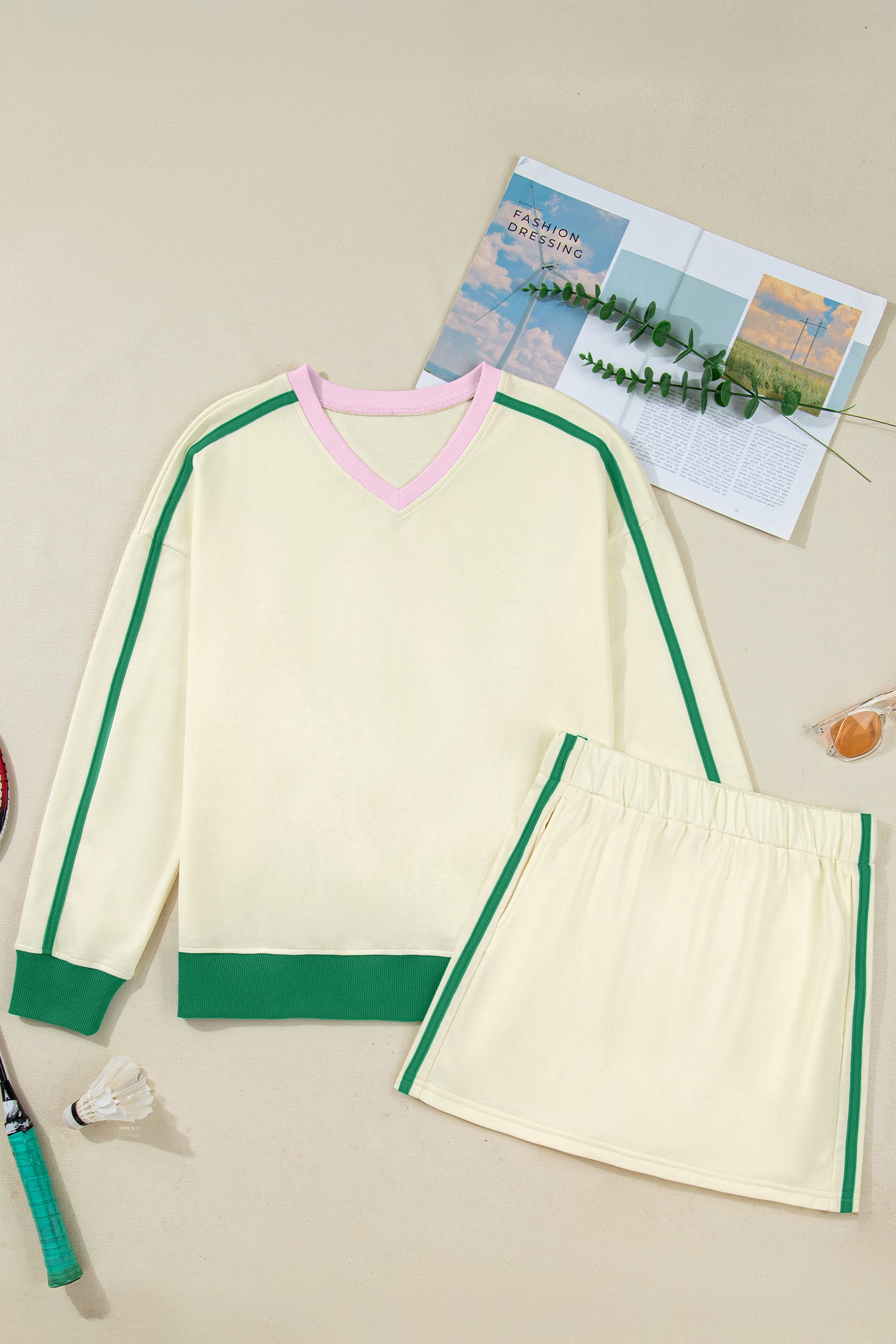Beige Ribbed Colorblock Trim V Neck Sporty Pullover Mini Skort 2pcs Athleisure Set - Snoopy's Closet