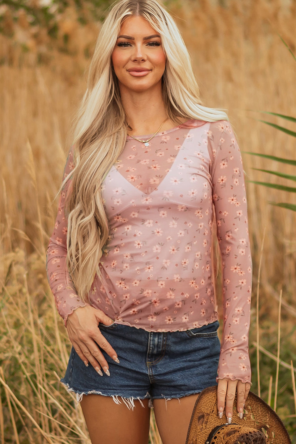 Pink Vintage Floral Print Southern Style Mesh Long Sleeve Top - Snoopy's Closet