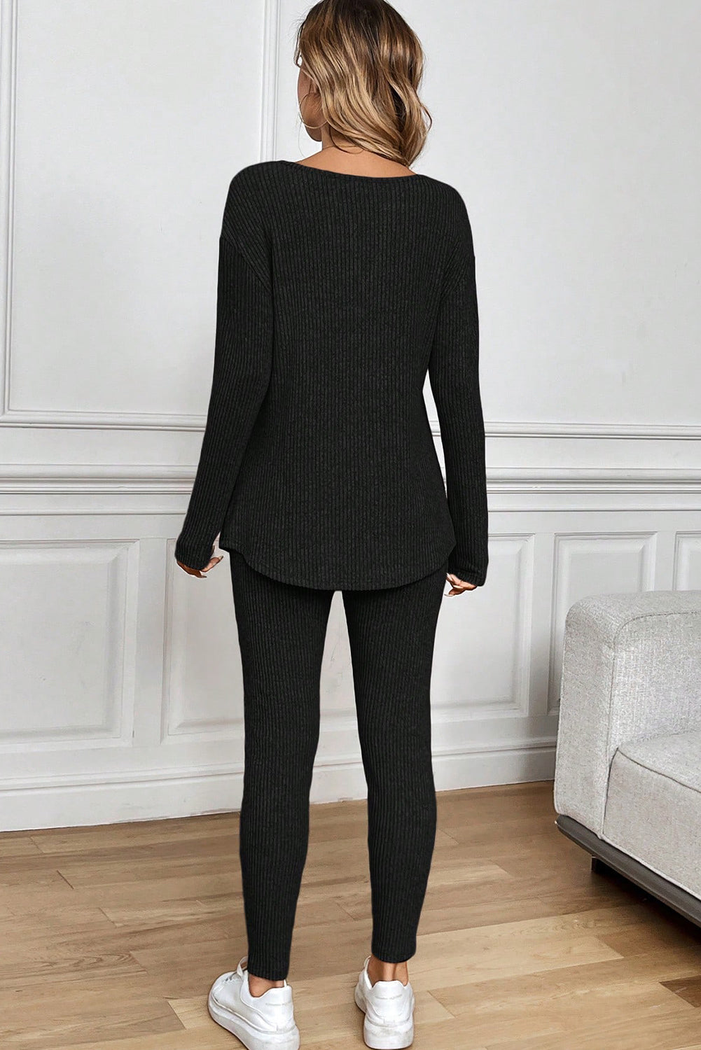 Black Ribbed Notched Neck Knit Long Sleeve Leggings Two Pieces Lounge Set - Snoopy's Closet