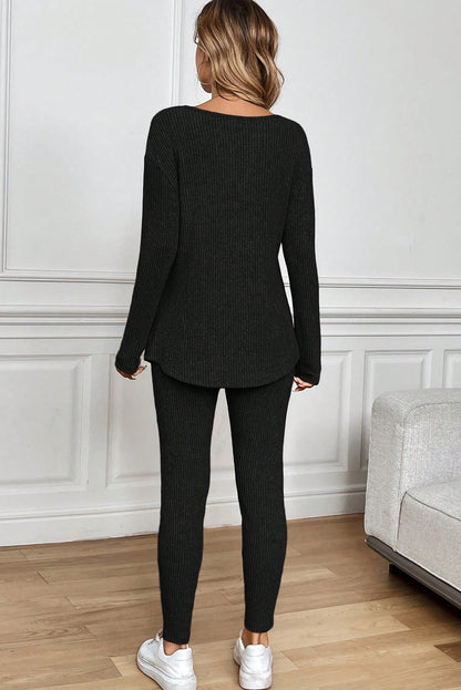 Black Ribbed Notched Neck Knit Long Sleeve Leggings Two Pieces Lounge Set - Snoopy's Closet