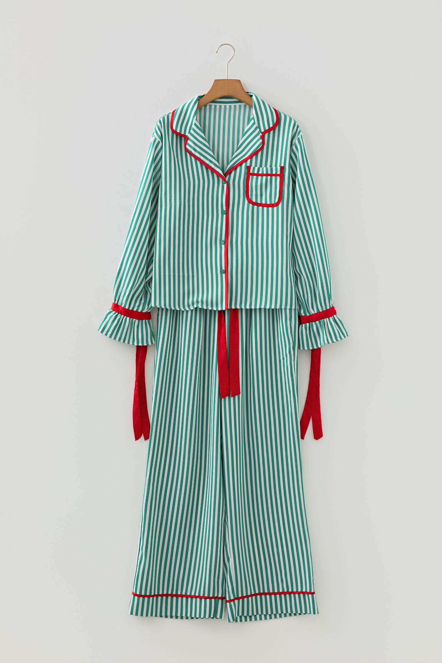 Green Stripe Contrast Velvet Trim Bow Knot Waist 2pcs Pajama Set - Snoopy's Closet