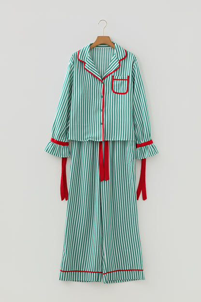 Green Stripe Contrast Velvet Trim Bow Knot Waist 2pcs Pajama Set - Snoopy's Closet